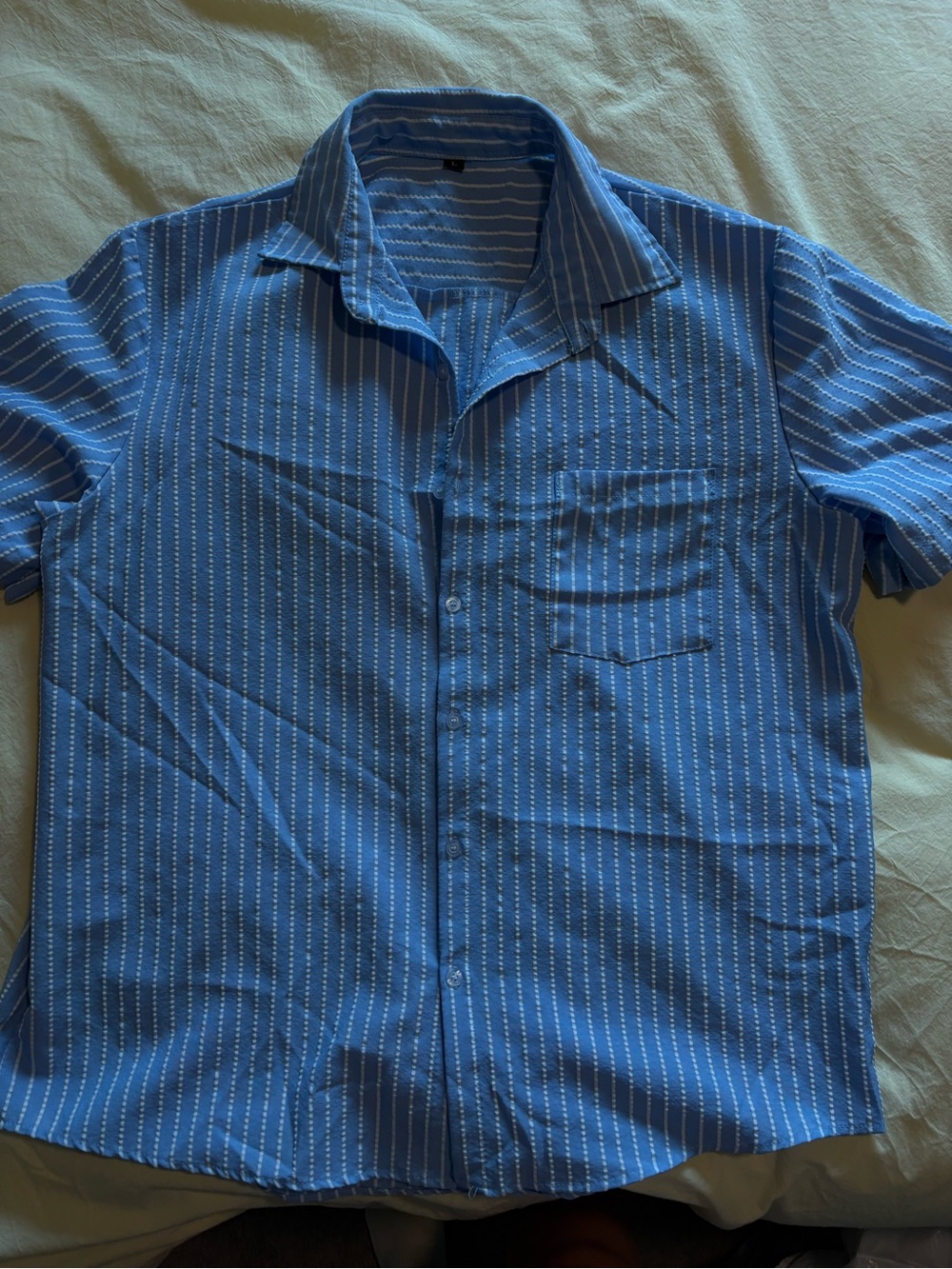 Blue Short-Sleeve Button-Up Shirt with Subtle Stripe